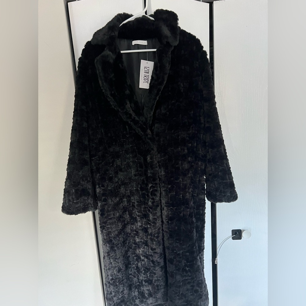 12th tribe long black faux fur coat! Never worn new with tags! Size small!